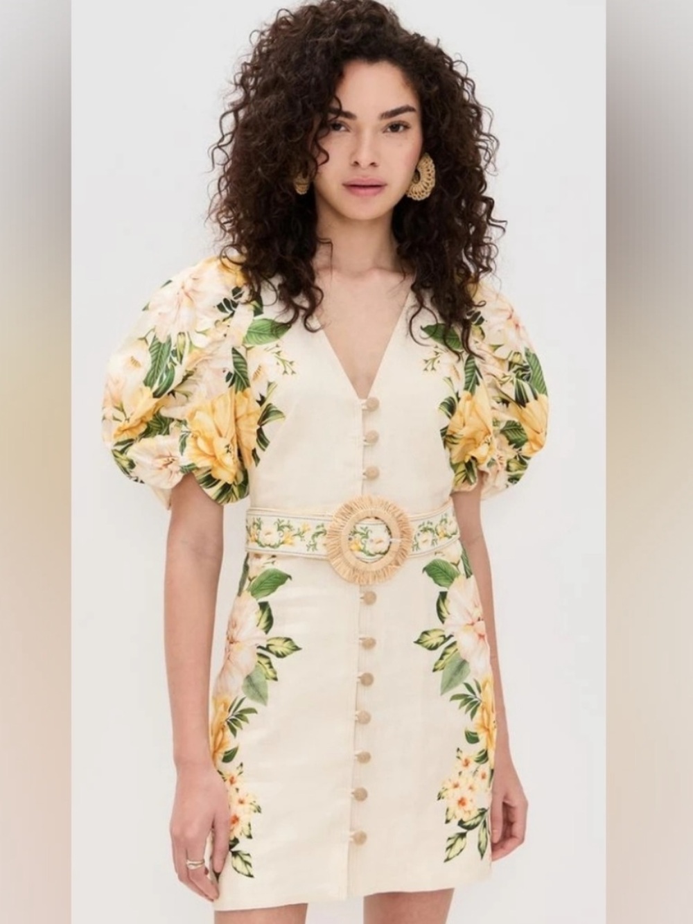 Farm Rio Floral Puff-Sleeve Mini Dress in Cream with Yellow Rose Print